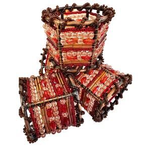 4 Napkin Rings Beaded Red Orange Amber Seed Beads Metal Accents Boho